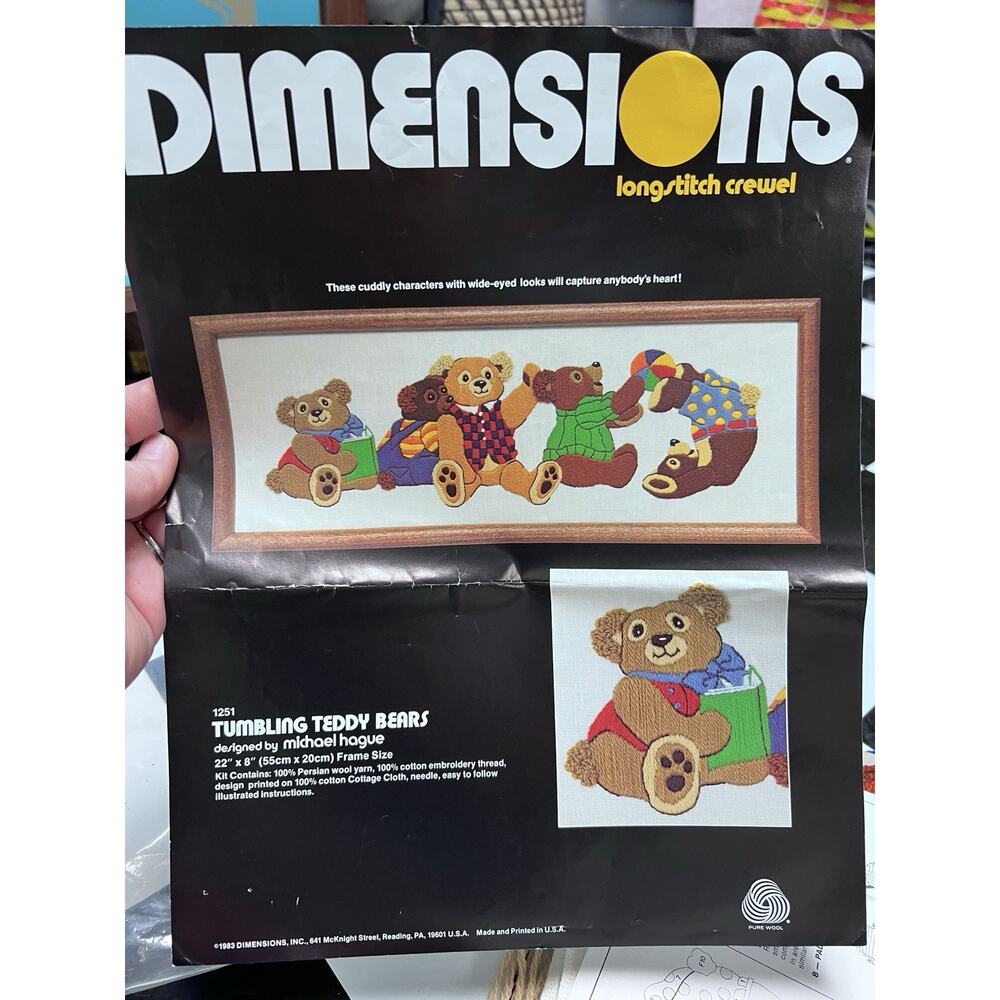 Vintage 1983 Dimensions Long Stitch Crewel Tumbling Teddy Bears‎ 1251 (started)